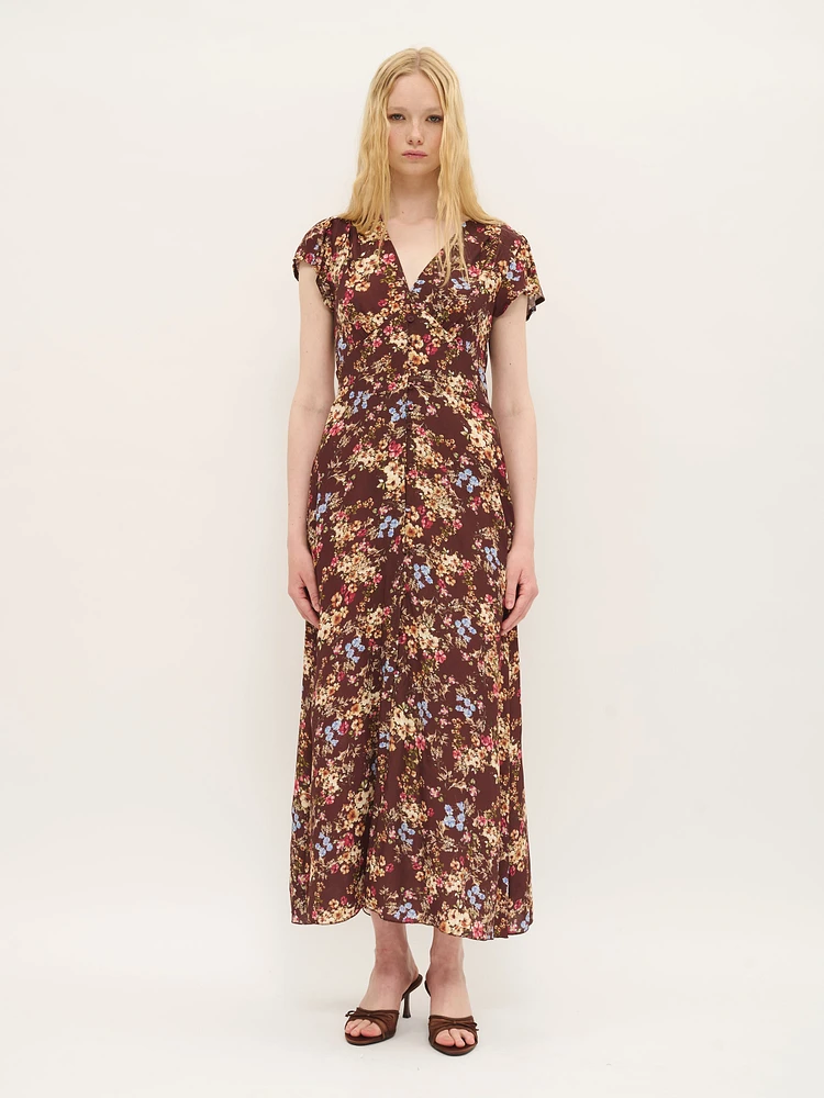 Robe mi-longue fleurie à manches courtes bordeaux