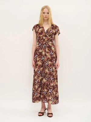 Robe mi-longue fleurie à manches courtes bordeaux
