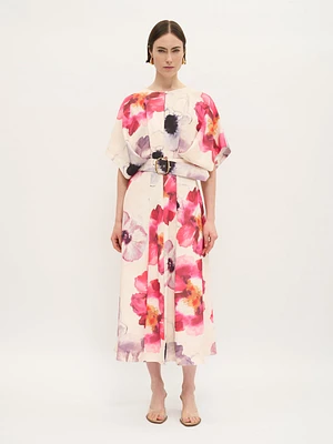 Robe midi ceinturée à motif coquelicot aquarelle