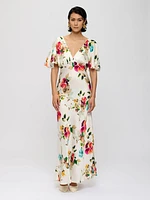 Robe longue en satin à fleurs