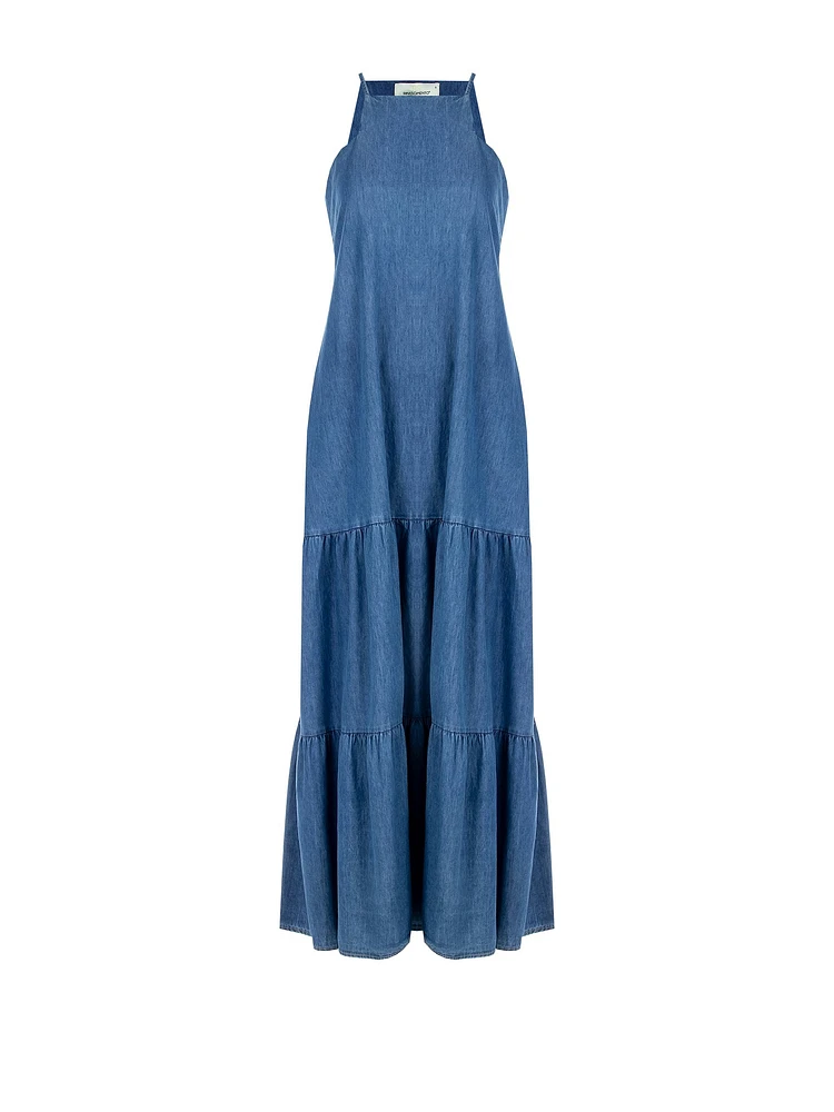 Long A-line Dress Denim with Square Neckline and Pockets