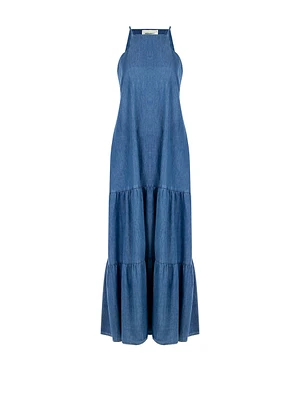 Long A-line Dress Denim with Square Neckline and Pockets