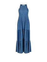 Long A-line Dress Denim with Square Neckline and Pockets