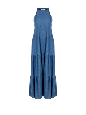 Long A-line Dress Denim with Square Neckline and Pockets