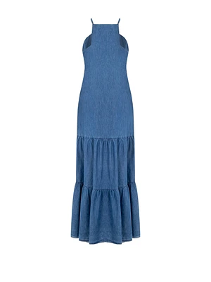 Long A-line Dress Denim with Square Neckline and Pockets