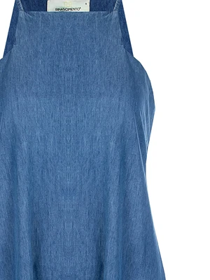 Long A-line Dress Denim with Square Neckline and Pockets