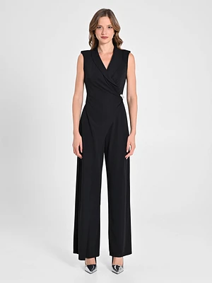 Tuxedo-Style Jumpsuit Black Flowy Fabric