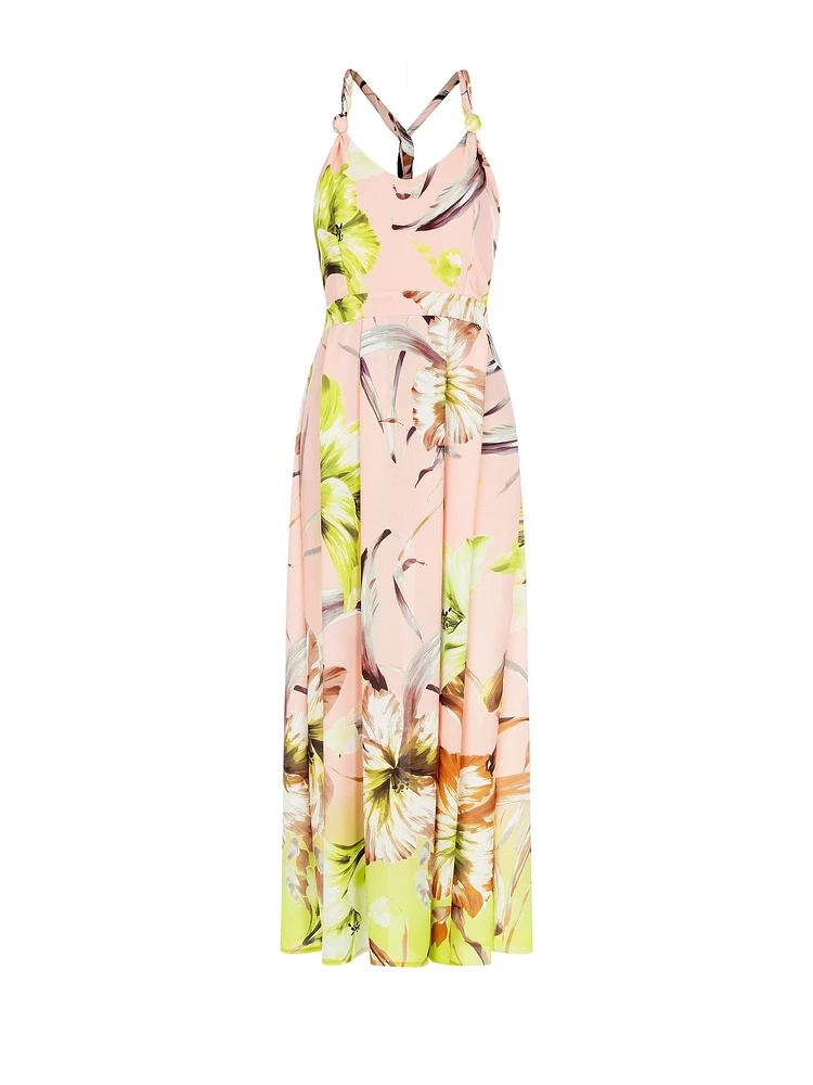 Long Dress Flowy Crepe Fabric with Rolled and Linked Shoulder Straps