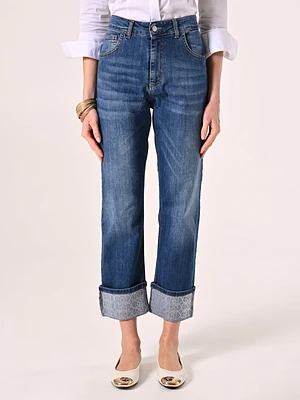 Jeans with Cuffed Hem and Rhinestone Logo