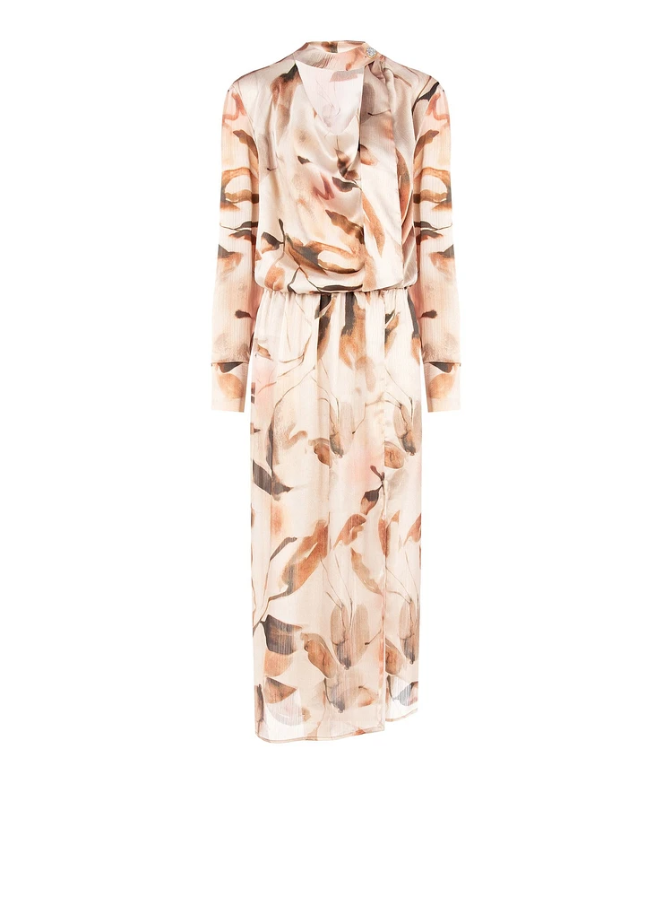 Long Asymmetrical Dress Crinkled Satin with Gemstone Button