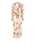 Long Asymmetrical Dress Crinkled Satin with Gemstone Button