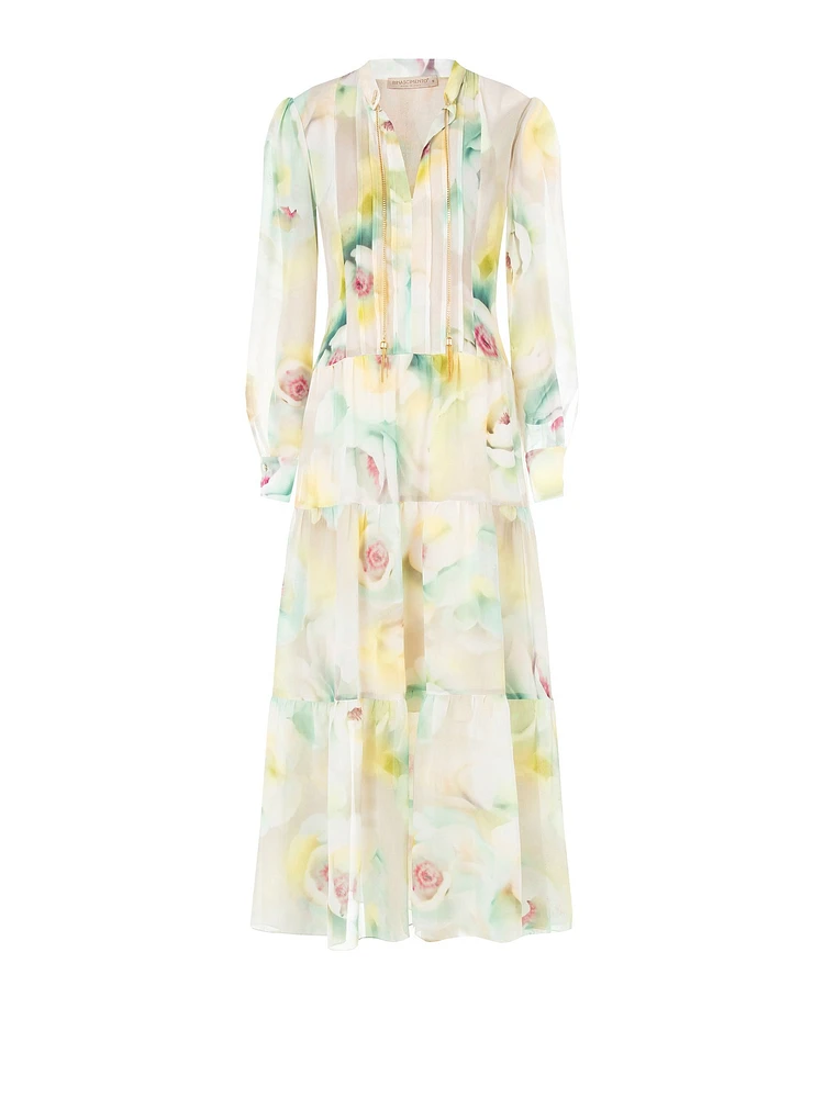Robe longue à volants en georgette avec col V et chaînes sur le