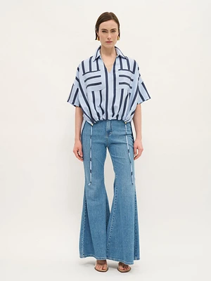 Striped Drawstring Blouse in Sky Blue and Navy