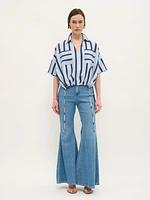 Striped Drawstring Blouse in Sky Blue and Navy