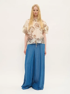 Printed Lyocell-Blend Blouse with Gathered Neckline