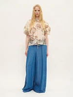 Printed Lyocell-Blend Blouse with Gathered Neckline