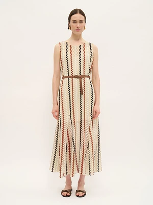 Zigzag Textured Knit Dress with Belt
