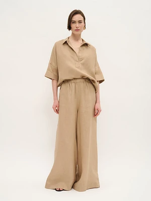 Wide-Leg Linen Trousers with Elastic Waist