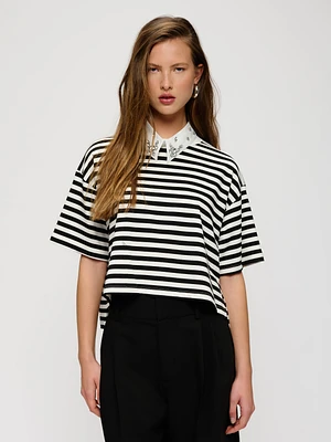 Striped T-shirt with Embellished Removable Collar