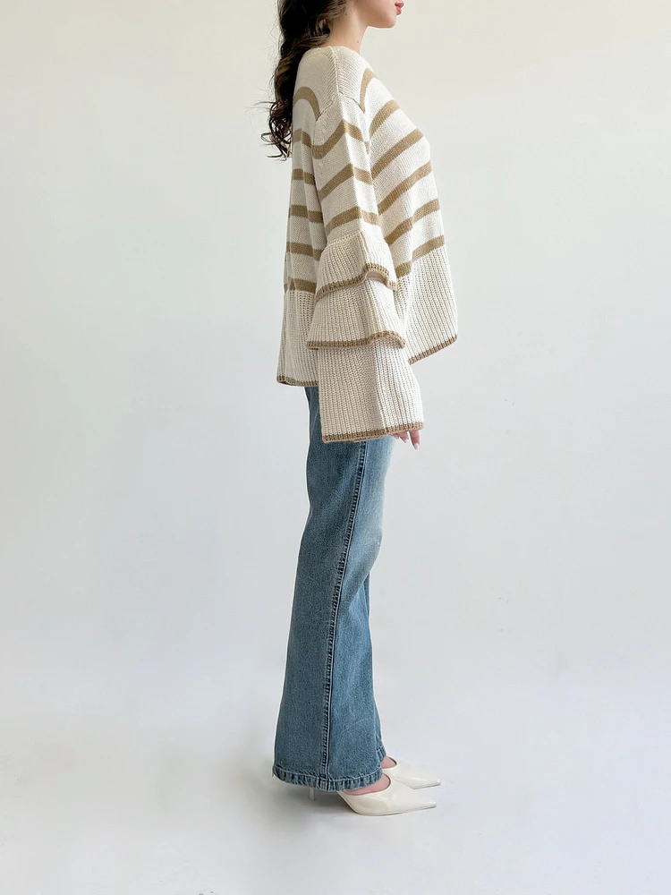 Tiered Ruffle Sleeve Striped Sweater