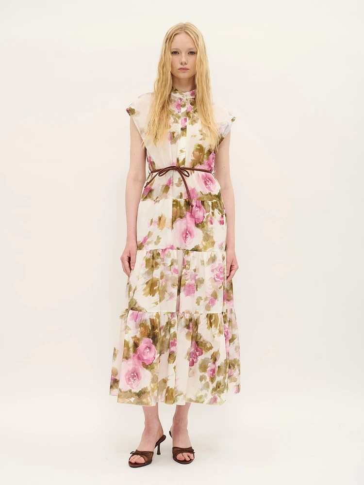 Tiered Floral Cotton Dress with Removable Belt