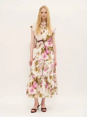 Tiered Floral Cotton Dress with Removable Belt