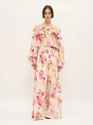 Wide-Leg Floral Pants Cotton Voile