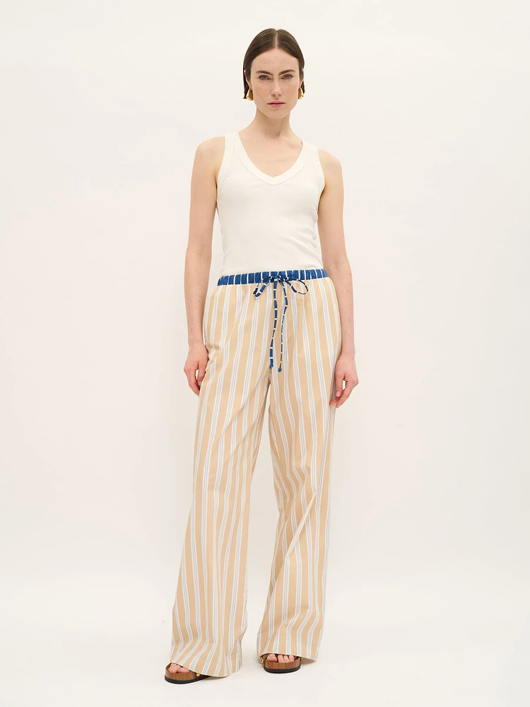 Striped Cotton Drawstring Pants with Contrast Waistband