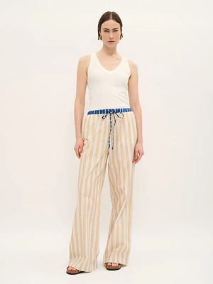 Striped Cotton Drawstring Pants with Contrast Waistband