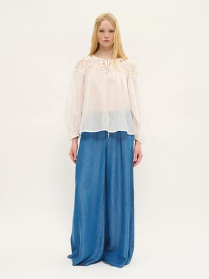 Embroidered Yoke Blouse Tencel Blend