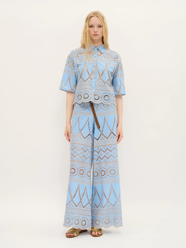Embroidered Eyelet Cotton Blouse Sky Blue
