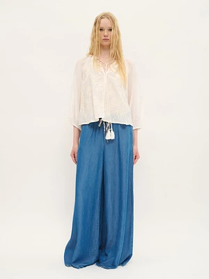 Sheer Embroidered Blouse with Tassel Tie