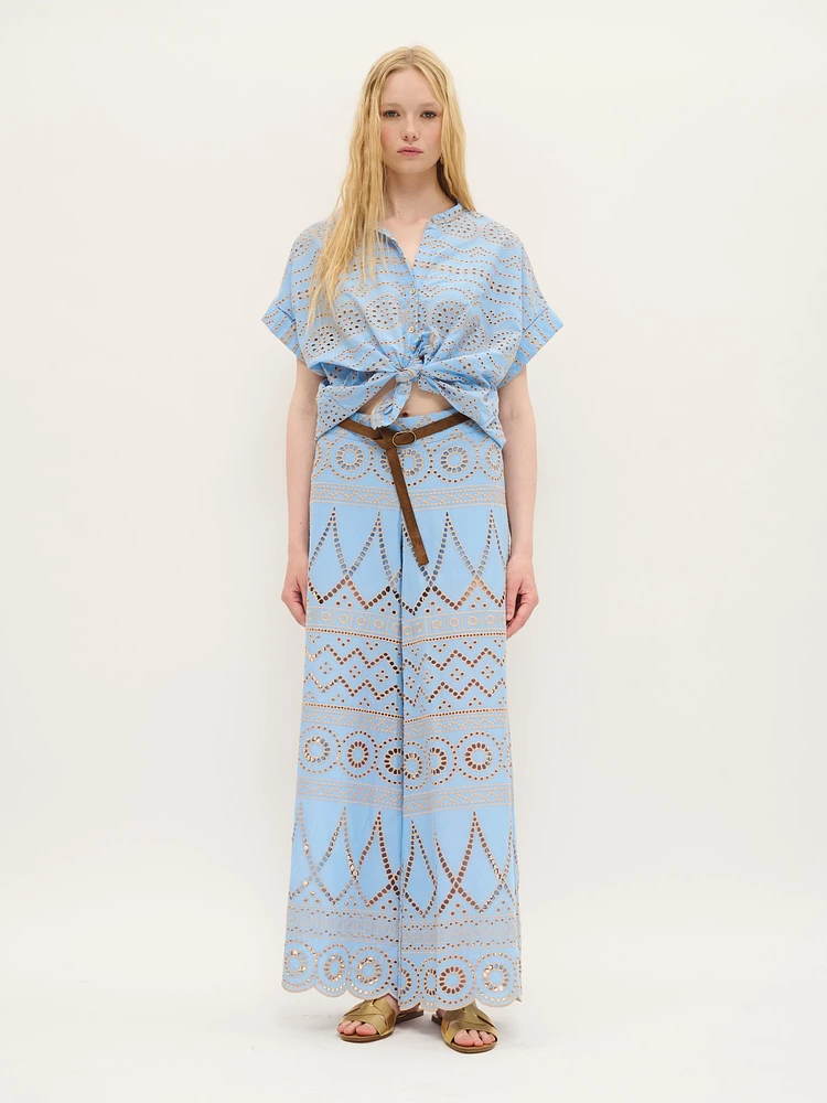 Wide-Leg Embroidered Eyelet Pants Sky Blue Cotton