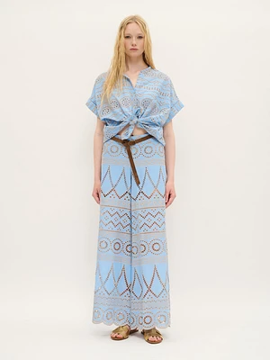 Wide-Leg Embroidered Eyelet Pants Sky Blue Cotton