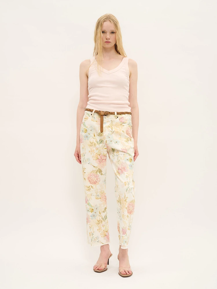 Pantalon extensible en coton fleuri