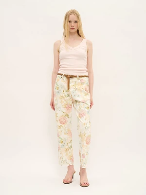 Pantalon extensible en coton fleuri