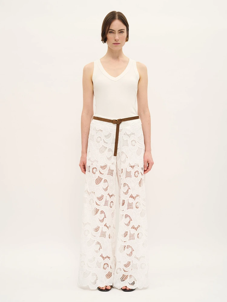 Wide-Leg Lace Pants White Cotton Blend