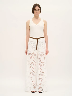 Wide-Leg Lace Pants White Cotton Blend