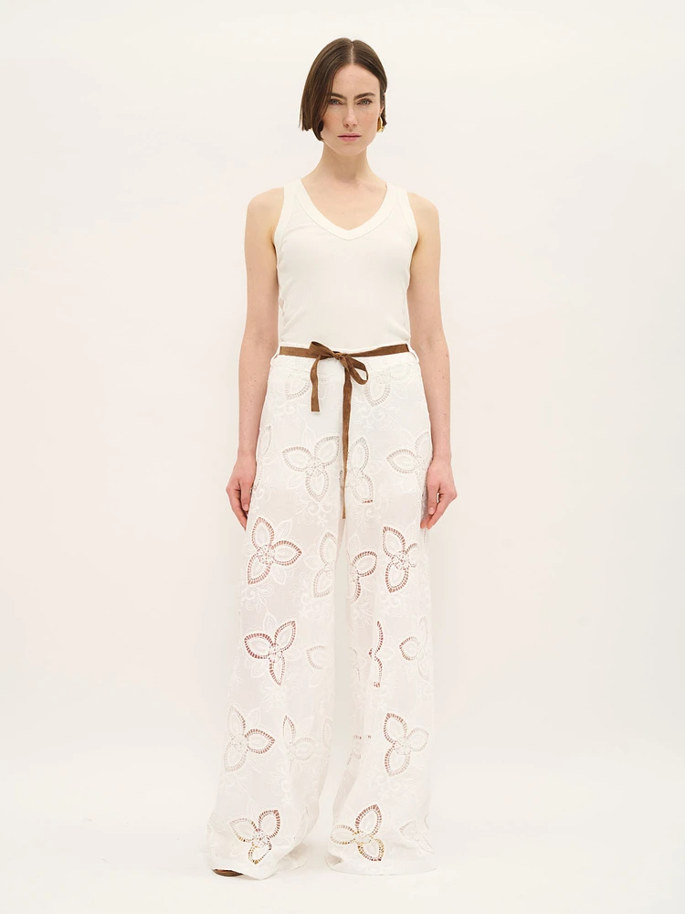 Embroidered Cotton Wide-Leg Trousers