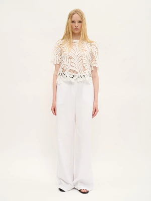 Leaf Embroidered Cotton Top White