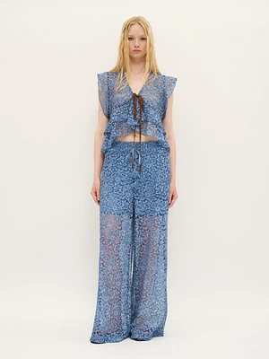 Scalloped Lace Cropped Blouse Blue