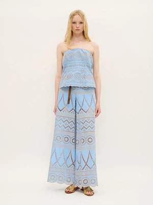 Strapless Eyelet Embroidered Top Sky Blue Cotton