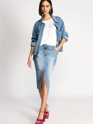 Denim midi skirt with patch pockets and slit