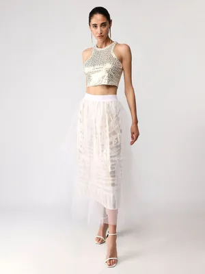 Long metallic-effect skirt with waistband