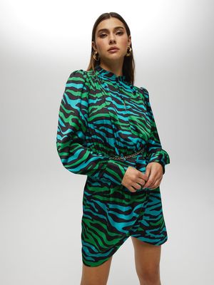 Green Satin Zebra Print Dress