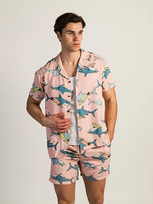 Island Haze Surfing Shark Woven Short Sleeve Shirt