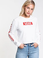 Womens Checked Crop Long Sleeve Tee - White - Clearance