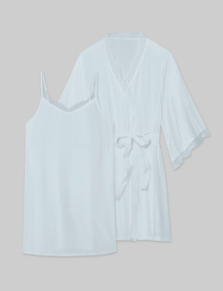 Women's Second Skin Luxe Rib Lace Chemise & Robe Set