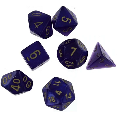 7 dés polyédriques Borealis Luminary - Violet Royal avec chiffres doré