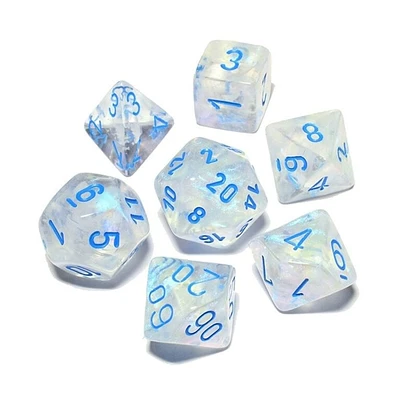7 dés polyédriques Borealis Luminary - Glaçons avec chiffres bleus